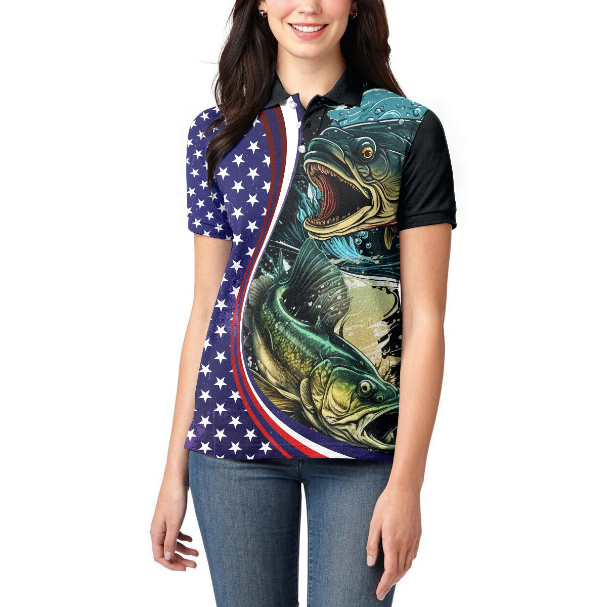 Bass Fishing Women Polo Shirt Double Largemouth Bass Old Style - Wonder Print Shop