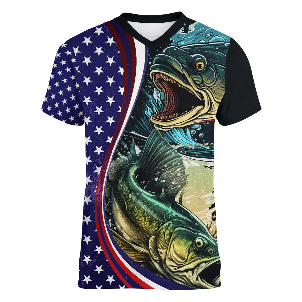 Bass Fishing Women V-Neck T-Shirt Double Largemouth Bass Old Style - Wonder Print Shop