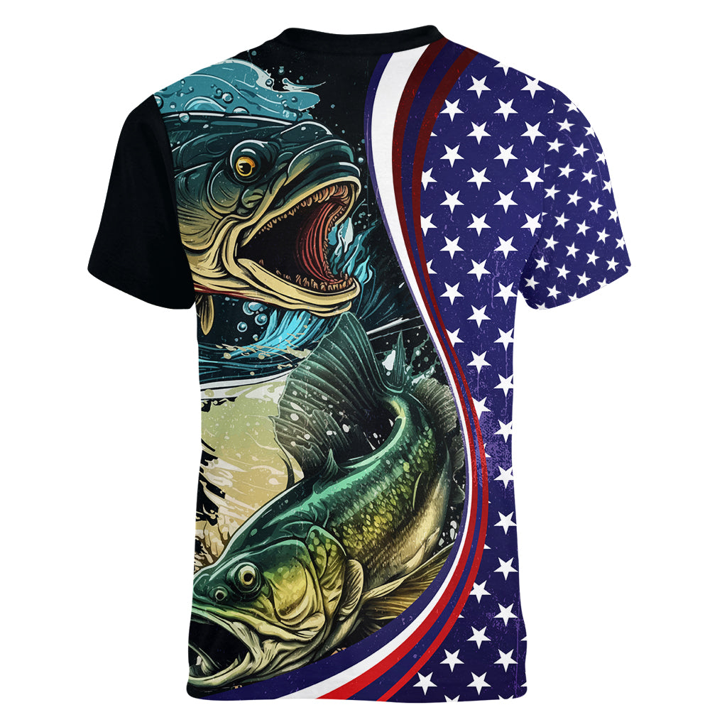 Bass Fishing Women V-Neck T-Shirt Double Largemouth Bass Old Style - Wonder Print Shop