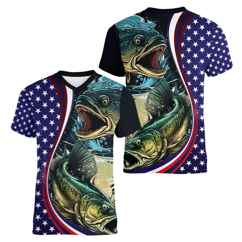 Bass Fishing Women V-Neck T-Shirt Double Largemouth Bass Old Style - Wonder Print Shop