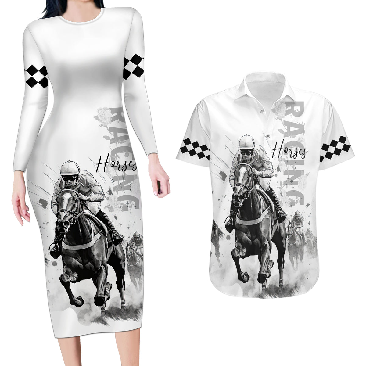 Kentucky Horses Racing Couples Matching Long Sleeve Bodycon Dress and Hawaiian Shirt Jockey Drawing Style - Wonder Print Shop