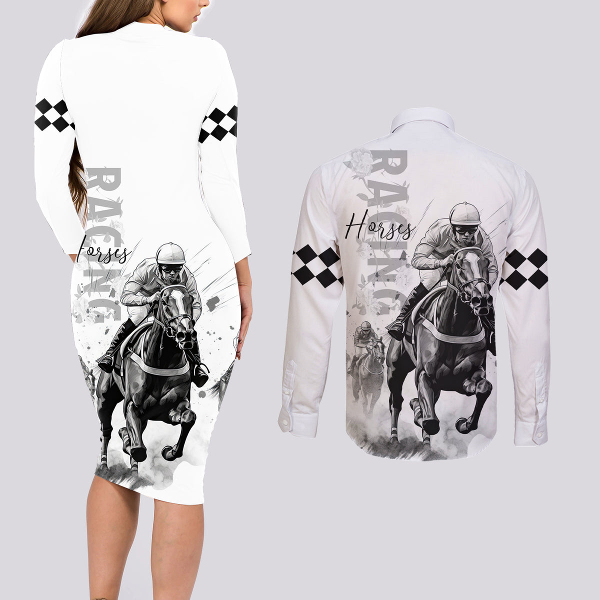 Kentucky Horses Racing Couples Matching Long Sleeve Bodycon Dress and Long Sleeve Button Shirt Jockey Drawing Style - Wonder Print Shop