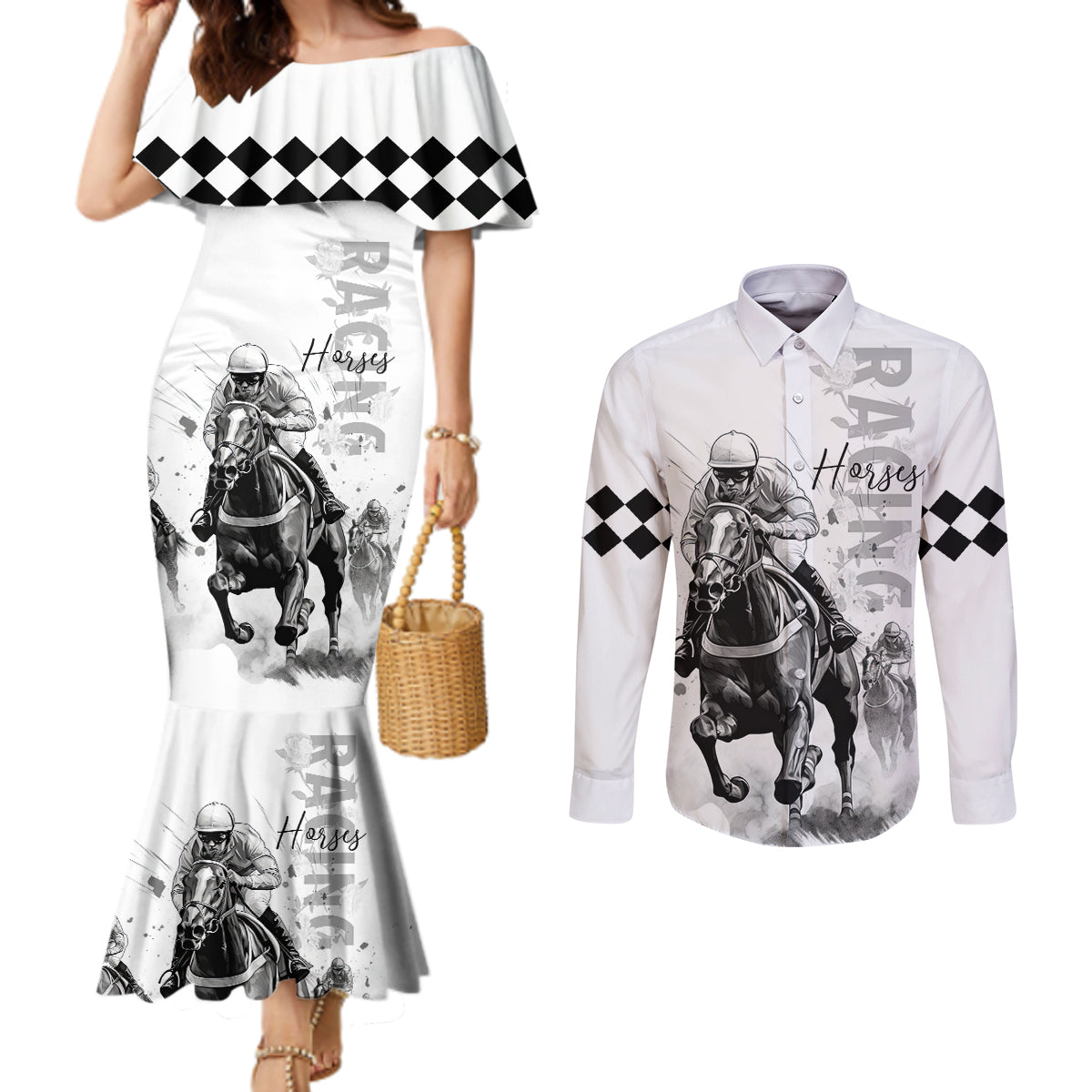 Kentucky Horses Racing Couples Matching Mermaid Dress and Long Sleeve Button Shirt Jockey Drawing Style