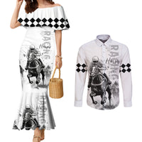 Kentucky Horses Racing Couples Matching Mermaid Dress and Long Sleeve Button Shirt Jockey Drawing Style