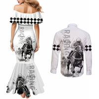 Kentucky Horses Racing Couples Matching Mermaid Dress and Long Sleeve Button Shirt Jockey Drawing Style