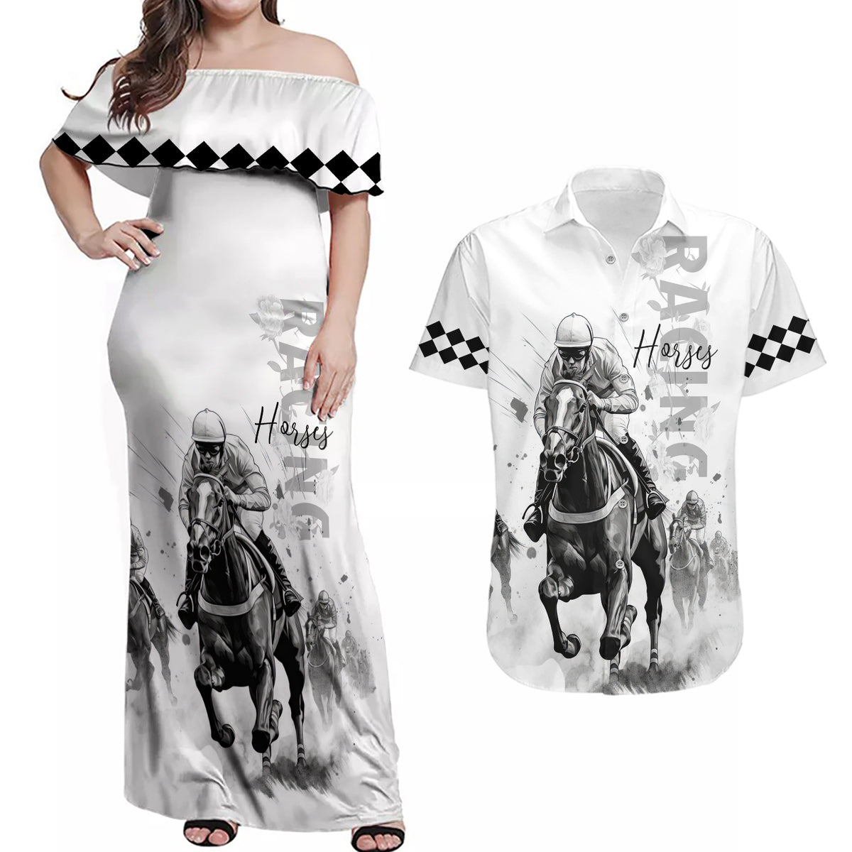 Kentucky Horses Racing Couples Matching Off Shoulder Maxi Dress and Hawaiian Shirt Jockey Drawing Style - Wonder Print Shop