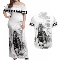 Kentucky Horses Racing Couples Matching Off Shoulder Maxi Dress and Hawaiian Shirt Jockey Drawing Style - Wonder Print Shop