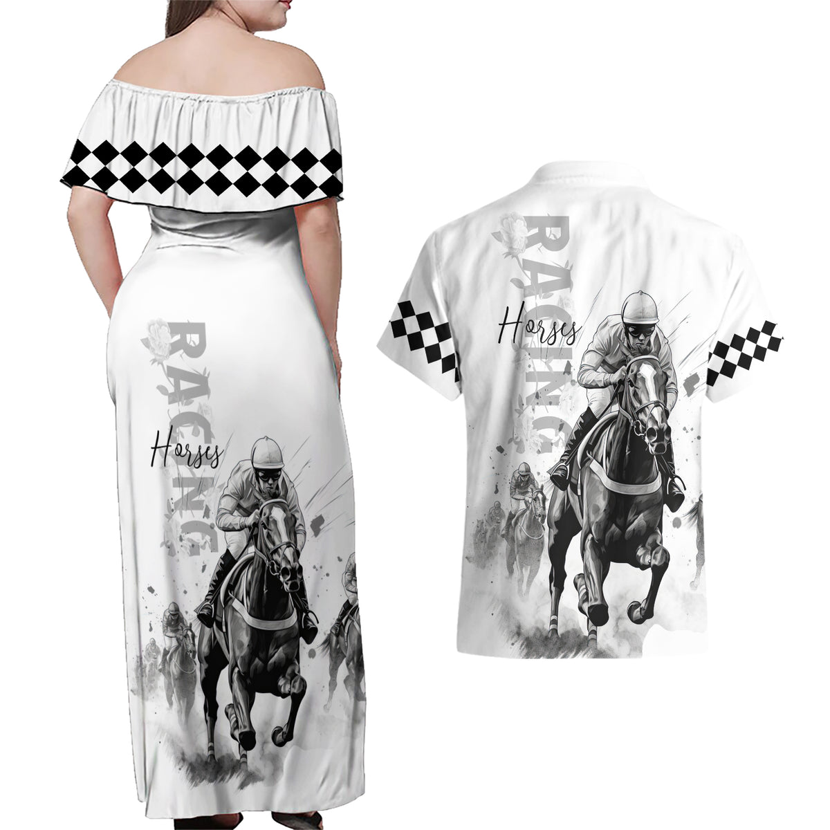 Kentucky Horses Racing Couples Matching Off Shoulder Maxi Dress and Hawaiian Shirt Jockey Drawing Style - Wonder Print Shop
