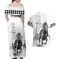 Kentucky Horses Racing Couples Matching Off Shoulder Maxi Dress and Hawaiian Shirt Jockey Drawing Style - Wonder Print Shop
