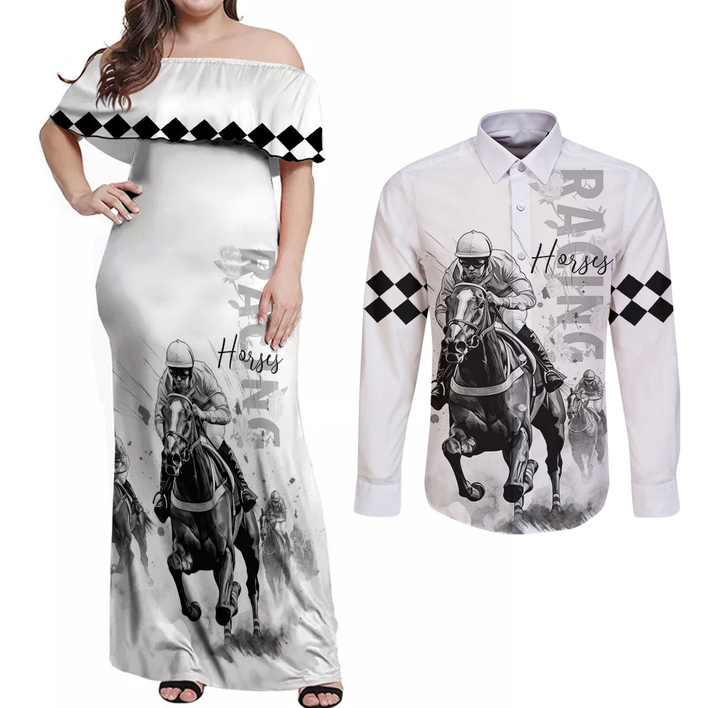 Kentucky Horses Racing Couples Matching Off Shoulder Maxi Dress and Long Sleeve Button Shirt Jockey Drawing Style - Wonder Print Shop