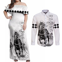 Kentucky Horses Racing Couples Matching Off Shoulder Maxi Dress and Long Sleeve Button Shirt Jockey Drawing Style - Wonder Print Shop