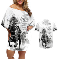 Kentucky Horses Racing Couples Matching Off Shoulder Short Dress and Hawaiian Shirt Jockey Drawing Style - Wonder Print Shop
