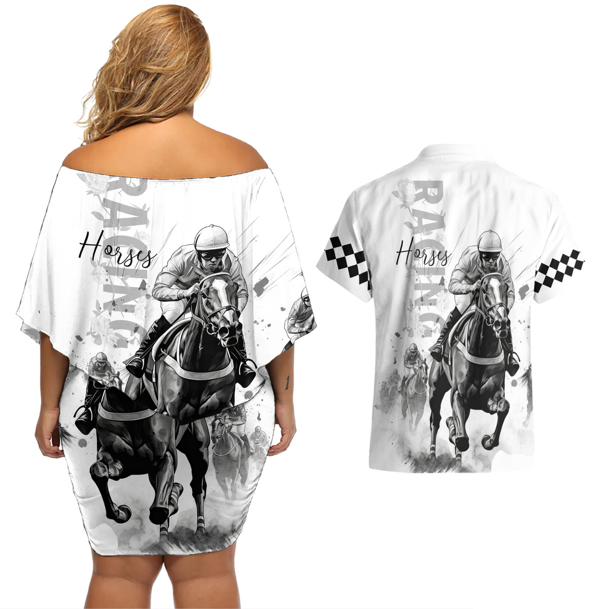 Kentucky Horses Racing Couples Matching Off Shoulder Short Dress and Hawaiian Shirt Jockey Drawing Style - Wonder Print Shop