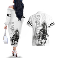Kentucky Horses Racing Couples Matching Off The Shoulder Long Sleeve Dress and Hawaiian Shirt Jockey Drawing Style - Wonder Print Shop