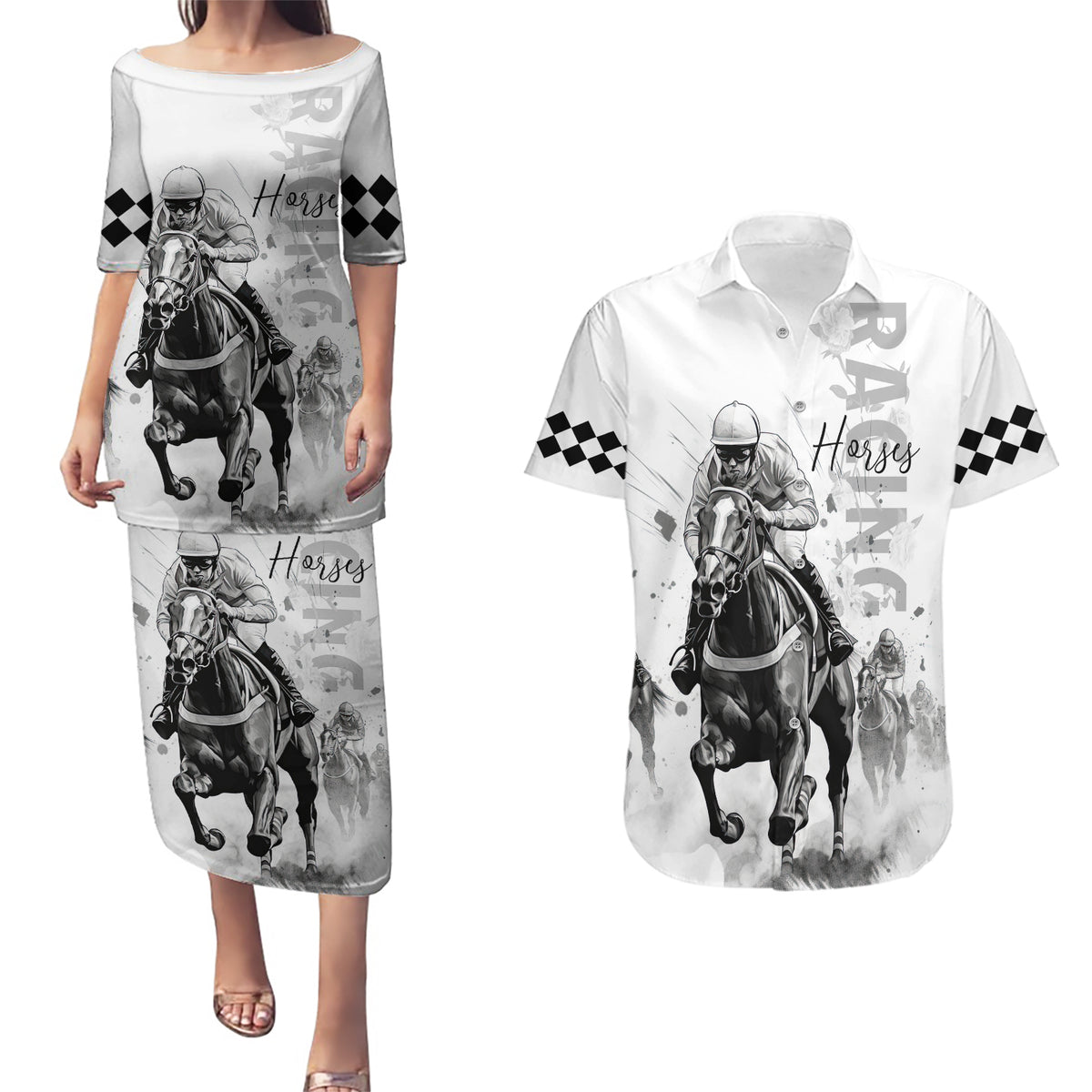 Kentucky Horses Racing Couples Matching Puletasi and Hawaiian Shirt Jockey Drawing Style - Wonder Print Shop
