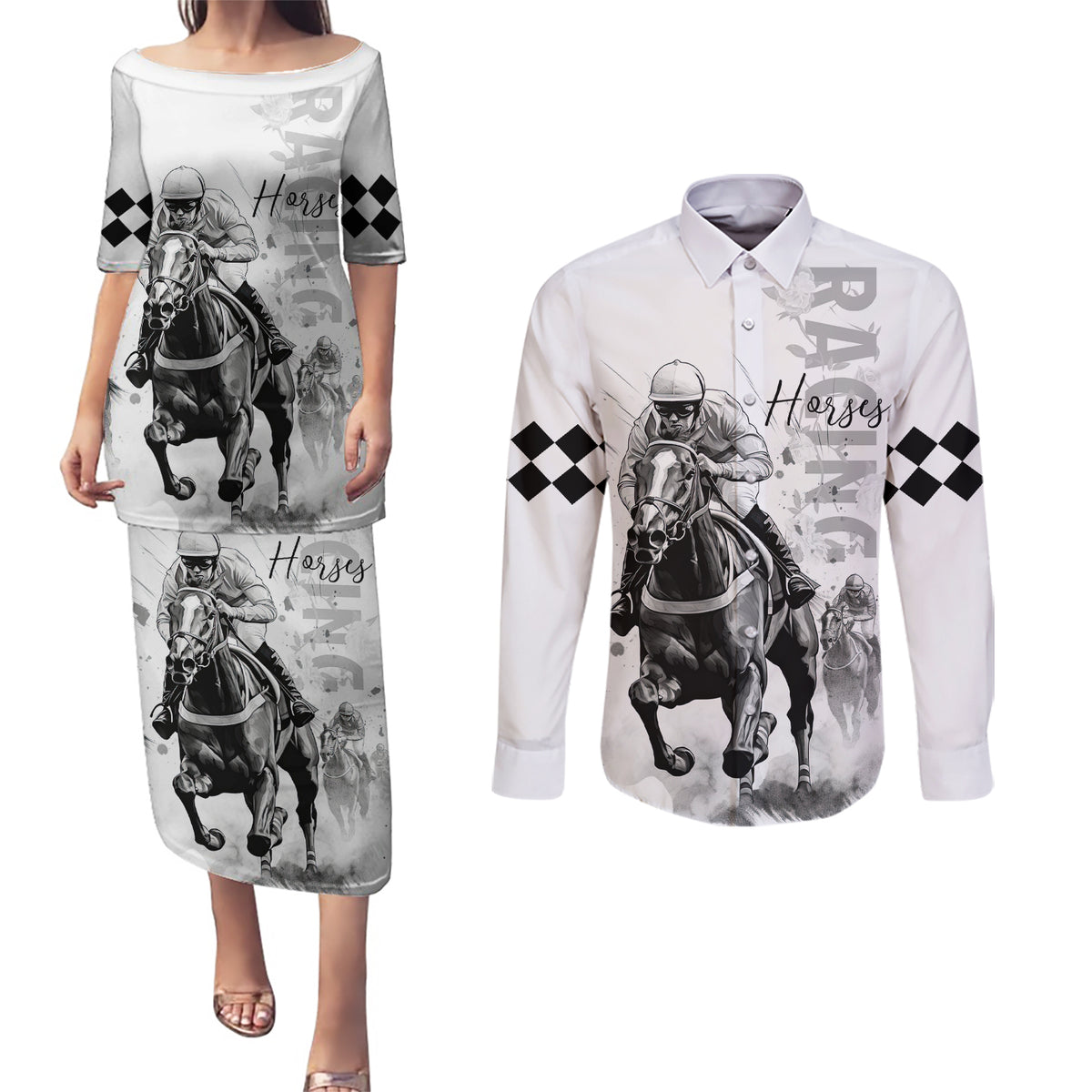 Kentucky Horses Racing Couples Matching Puletasi and Long Sleeve Button Shirt Jockey Drawing Style - Wonder Print Shop