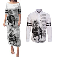 Kentucky Horses Racing Couples Matching Puletasi and Long Sleeve Button Shirt Jockey Drawing Style - Wonder Print Shop