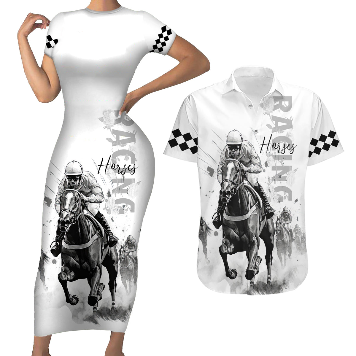 Kentucky Horses Racing Couples Matching Short Sleeve Bodycon Dress and Hawaiian Shirt Jockey Drawing Style - Wonder Print Shop
