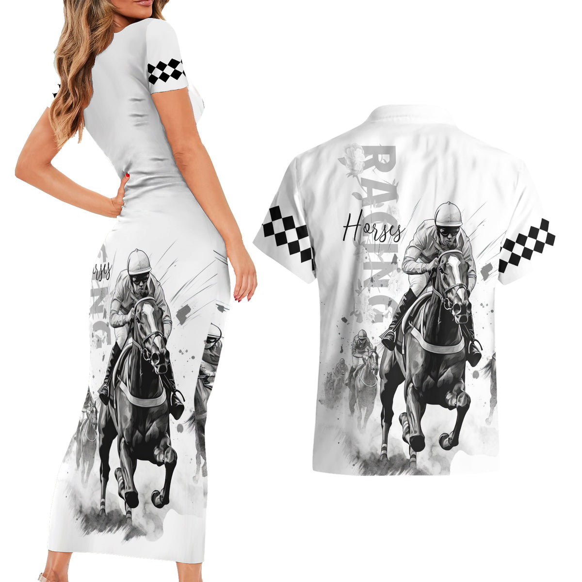 Kentucky Horses Racing Couples Matching Short Sleeve Bodycon Dress and Hawaiian Shirt Jockey Drawing Style - Wonder Print Shop