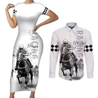 Kentucky Horses Racing Couples Matching Short Sleeve Bodycon Dress and Long Sleeve Button Shirt Jockey Drawing Style - Wonder Print Shop