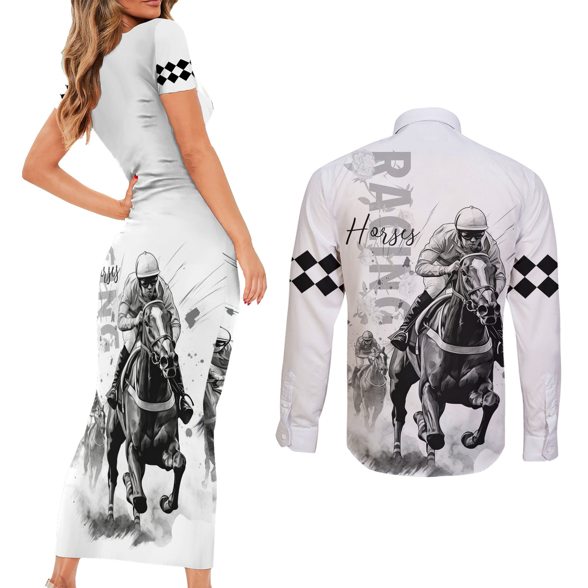 Kentucky Horses Racing Couples Matching Short Sleeve Bodycon Dress and Long Sleeve Button Shirt Jockey Drawing Style - Wonder Print Shop