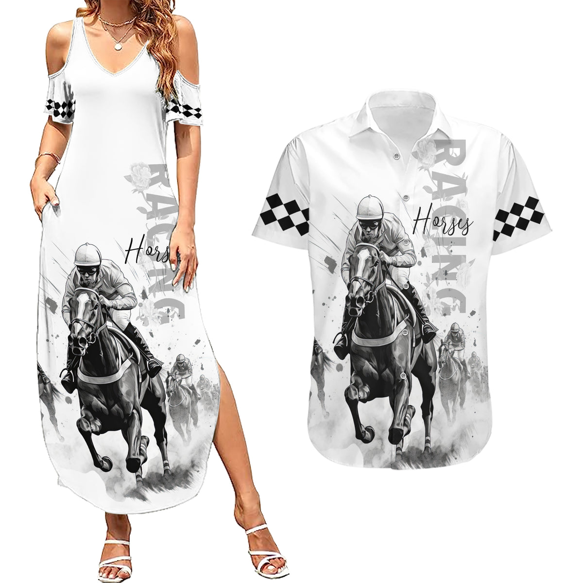 Kentucky Horses Racing Couples Matching Summer Maxi Dress and Hawaiian Shirt Jockey Drawing Style - Wonder Print Shop