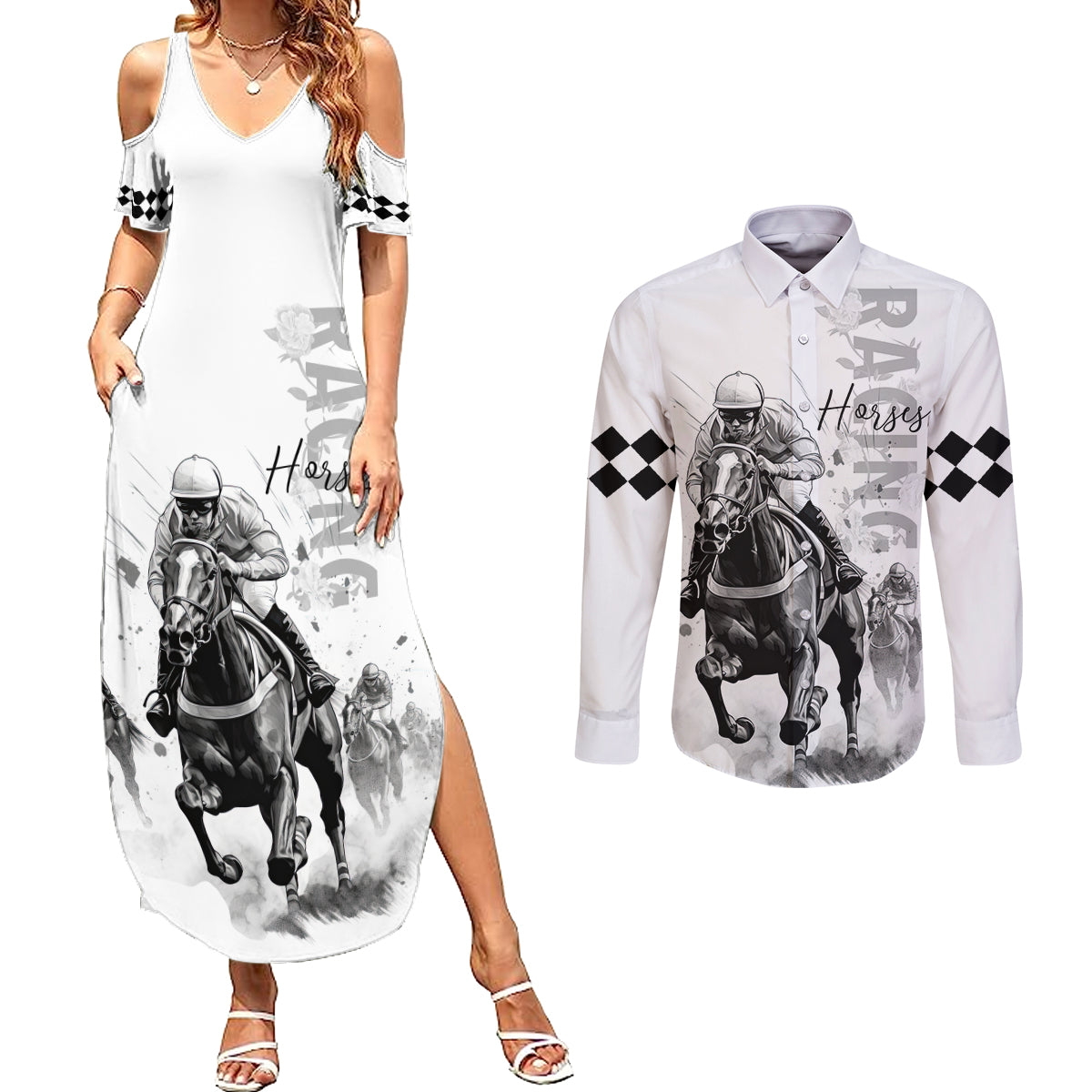 Kentucky Horses Racing Couples Matching Summer Maxi Dress and Long Sleeve Button Shirt Jockey Drawing Style - Wonder Print Shop