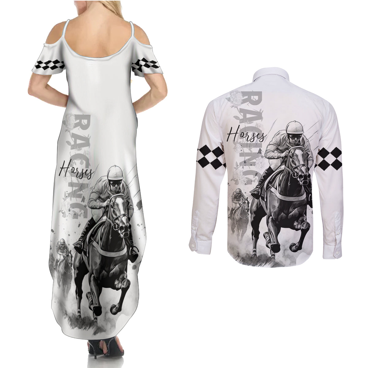Kentucky Horses Racing Couples Matching Summer Maxi Dress and Long Sleeve Button Shirt Jockey Drawing Style - Wonder Print Shop