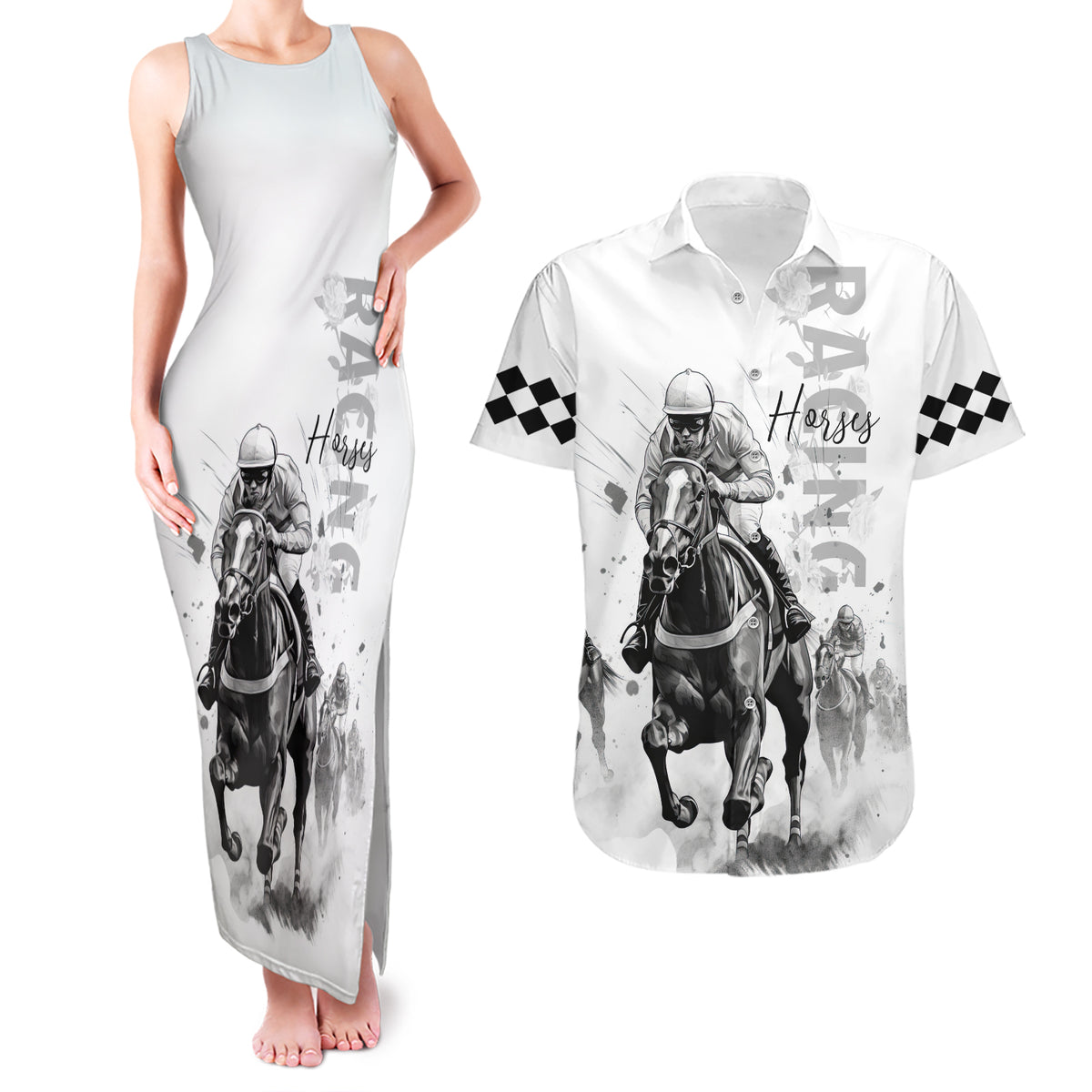 Kentucky Horses Racing Couples Matching Tank Maxi Dress and Hawaiian Shirt Jockey Drawing Style - Wonder Print Shop