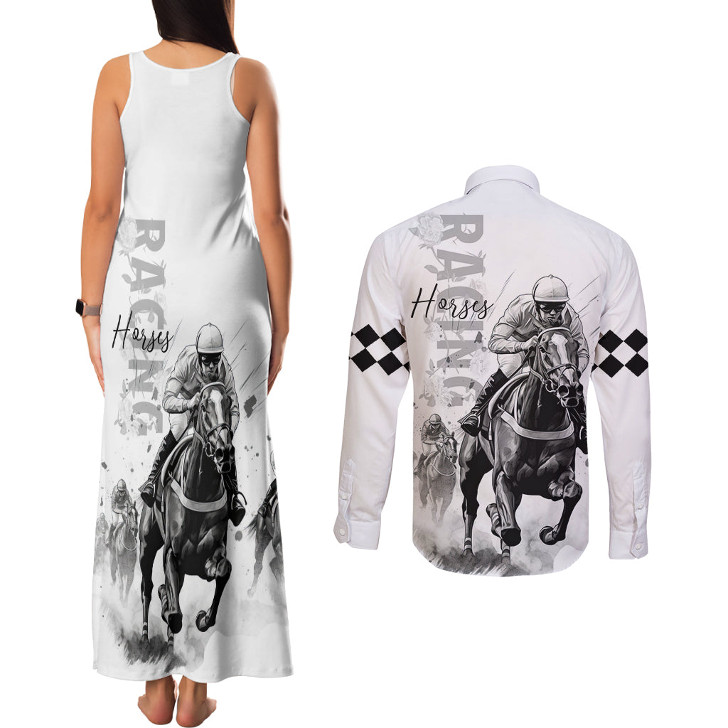 Kentucky Horses Racing Couples Matching Tank Maxi Dress and Long Sleeve Button Shirt Jockey Drawing Style - Wonder Print Shop