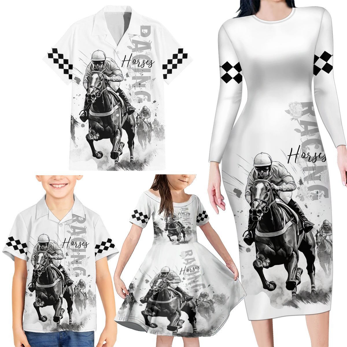 Kentucky Horses Racing Family Matching Long Sleeve Bodycon Dress and Hawaiian Shirt Jockey Drawing Style - Wonder Print Shop
