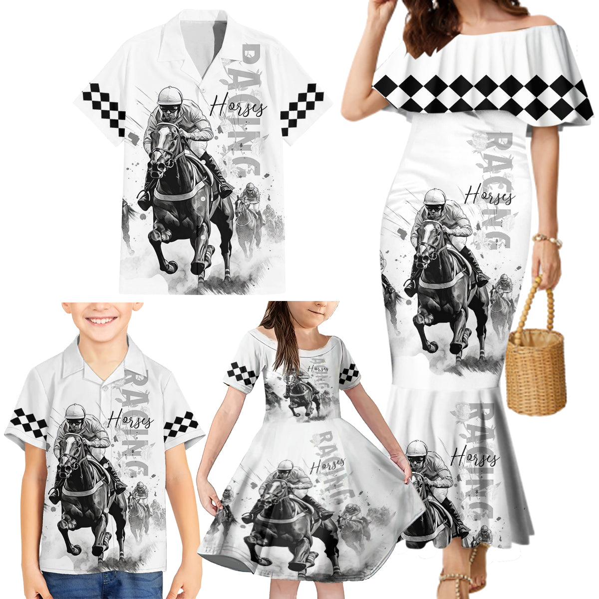 Kentucky Horses Racing Family Matching Mermaid Dress and Hawaiian Shirt Jockey Drawing Style - Wonder Print Shop