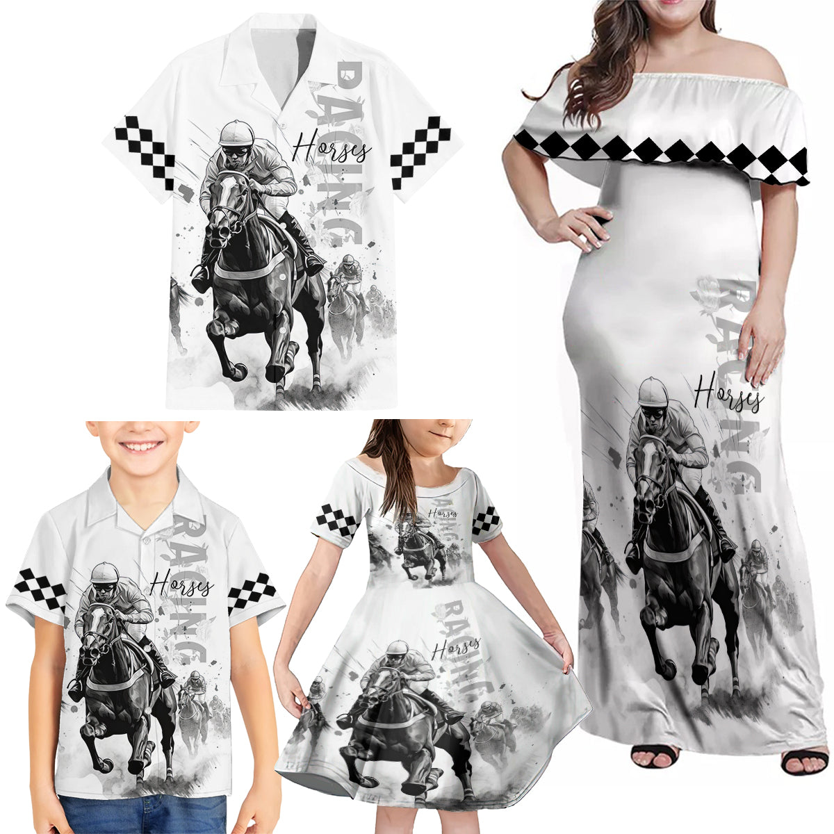 Kentucky Horses Racing Family Matching Off Shoulder Maxi Dress and Hawaiian Shirt Jockey Drawing Style - Wonder Print Shop