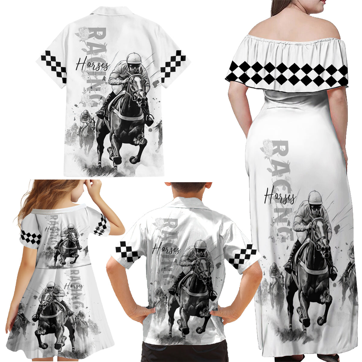 Kentucky Horses Racing Family Matching Off Shoulder Maxi Dress and Hawaiian Shirt Jockey Drawing Style - Wonder Print Shop