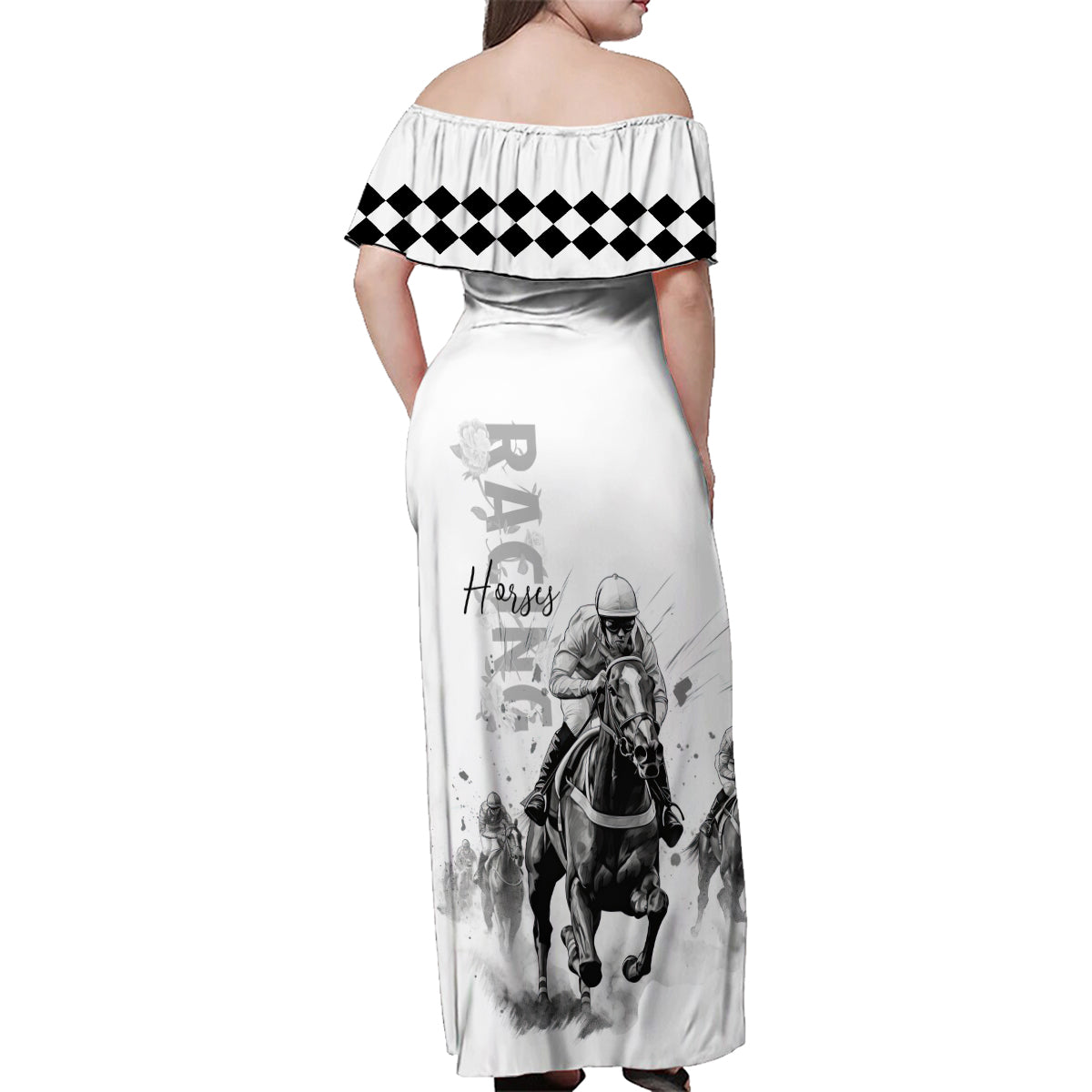 Kentucky Horses Racing Family Matching Off Shoulder Maxi Dress and Hawaiian Shirt Jockey Drawing Style - Wonder Print Shop