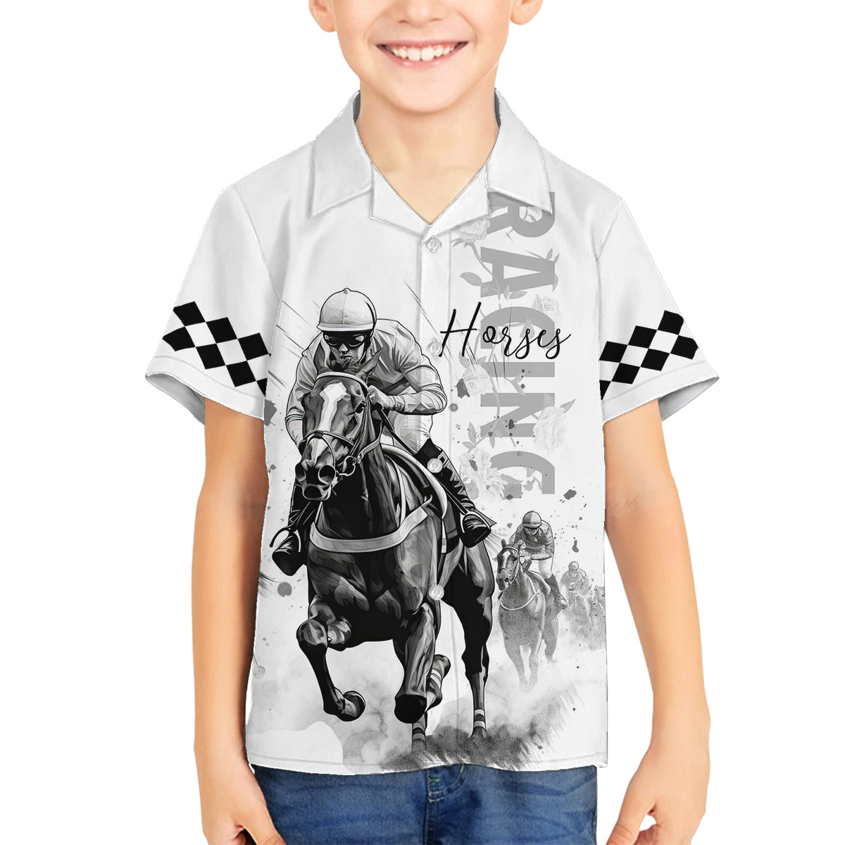 Kentucky Horses Racing Family Matching Off Shoulder Maxi Dress and Hawaiian Shirt Jockey Drawing Style - Wonder Print Shop