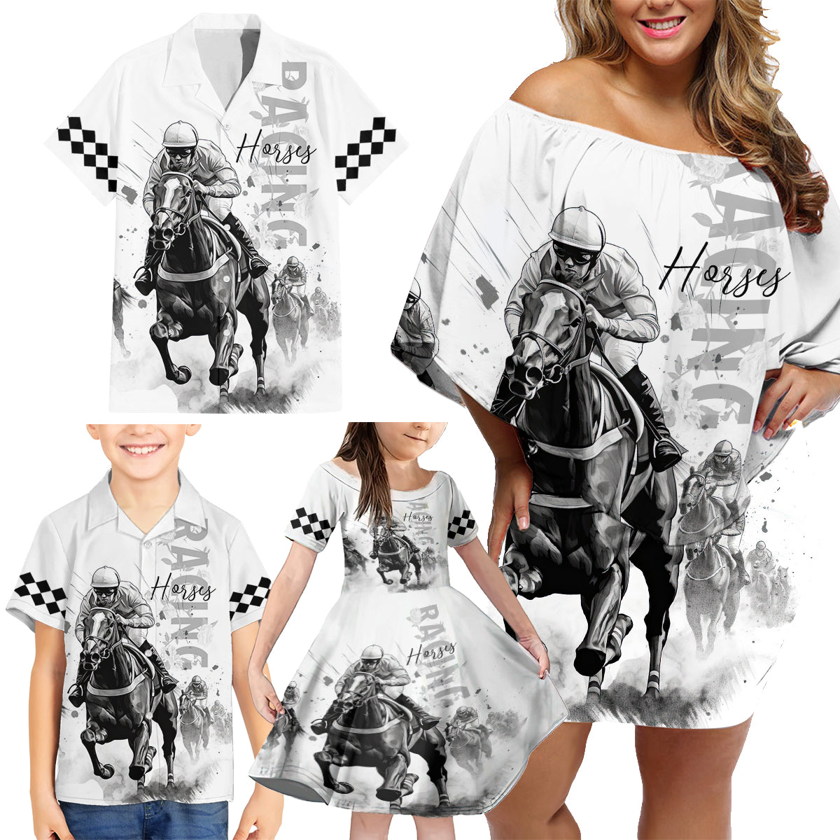 Kentucky Horses Racing Family Matching Off Shoulder Short Dress and Hawaiian Shirt Jockey Drawing Style - Wonder Print Shop