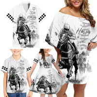 Kentucky Horses Racing Family Matching Off Shoulder Short Dress and Hawaiian Shirt Jockey Drawing Style - Wonder Print Shop