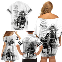 Kentucky Horses Racing Family Matching Off Shoulder Short Dress and Hawaiian Shirt Jockey Drawing Style - Wonder Print Shop