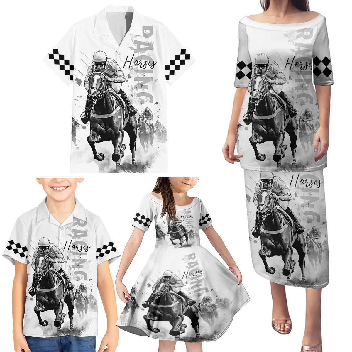 Kentucky Horses Racing Family Matching Puletasi and Hawaiian Shirt Jockey Drawing Style - Wonder Print Shop