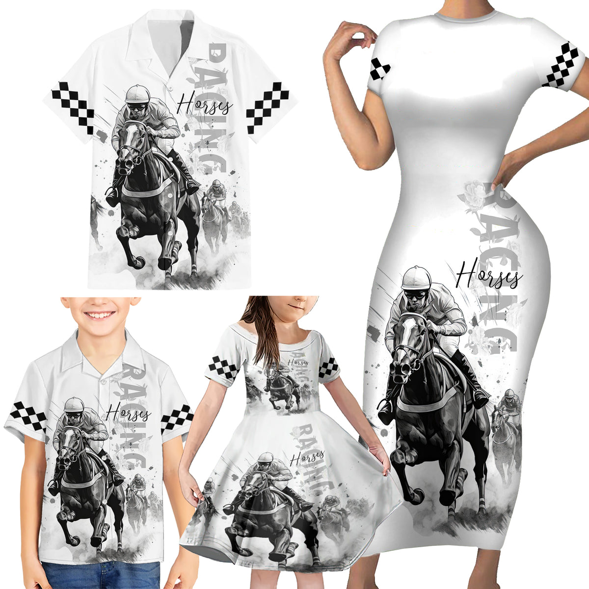 Kentucky Horses Racing Family Matching Short Sleeve Bodycon Dress and Hawaiian Shirt Jockey Drawing Style - Wonder Print Shop