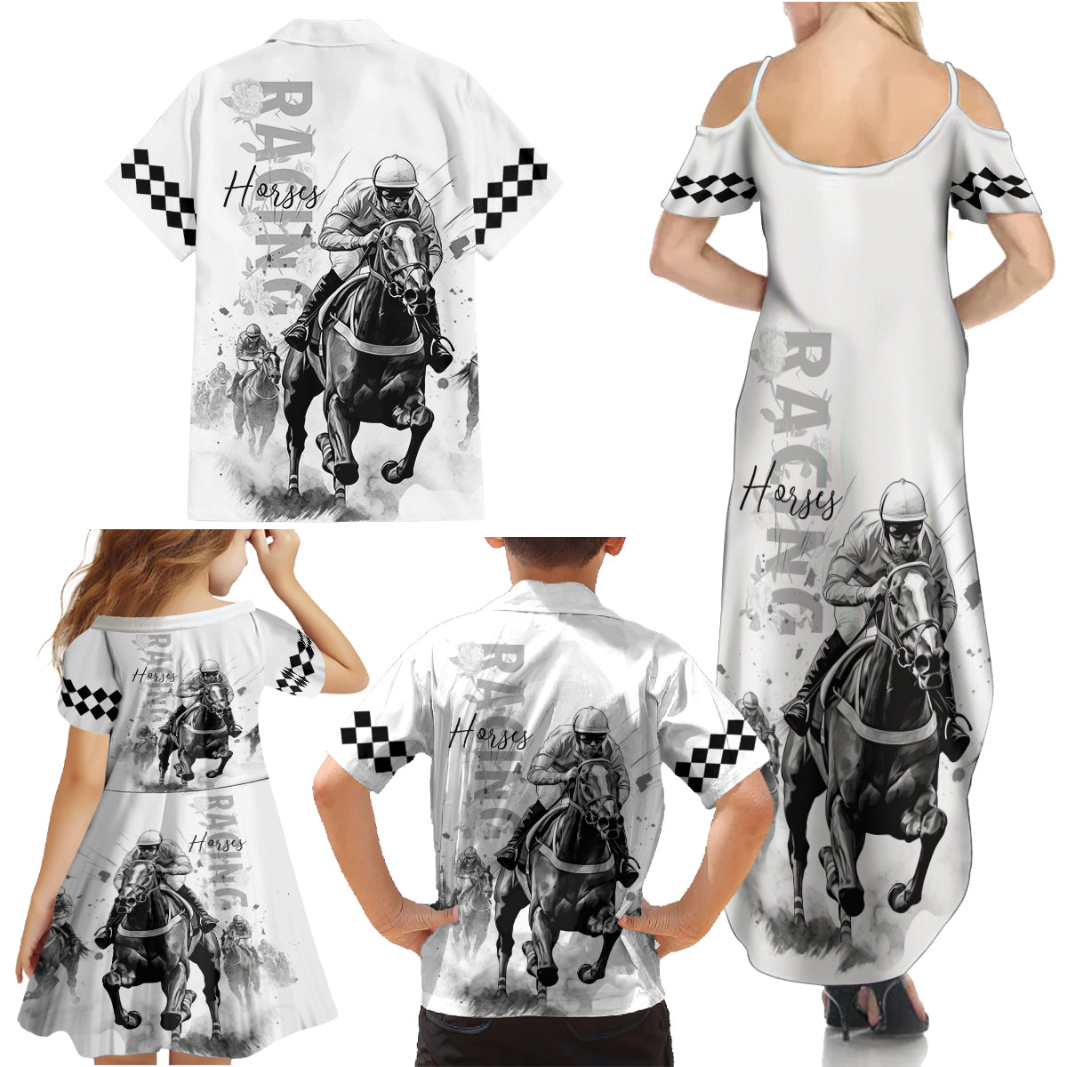 Kentucky Horses Racing Family Matching Summer Maxi Dress and Hawaiian Shirt Jockey Drawing Style - Wonder Print Shop