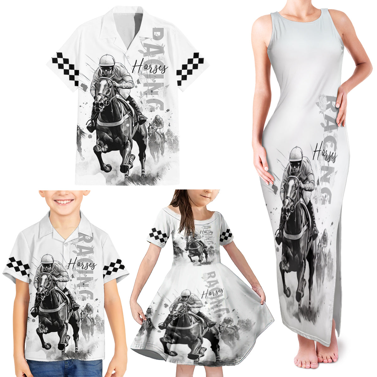 Kentucky Horses Racing Family Matching Tank Maxi Dress and Hawaiian Shirt Jockey Drawing Style - Wonder Print Shop