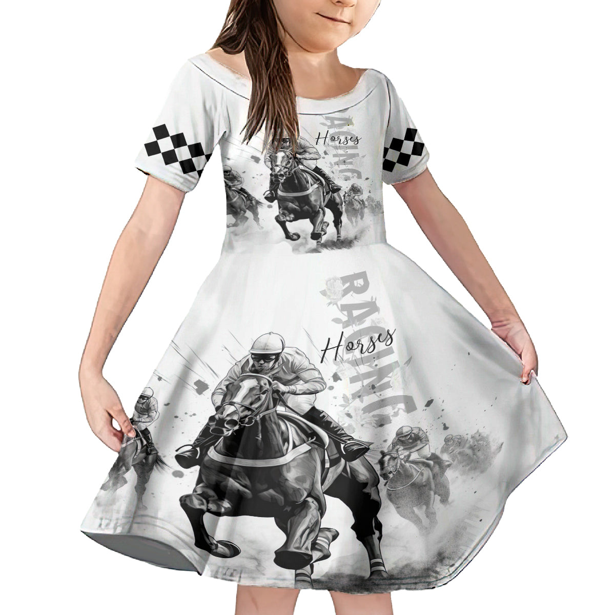 Kentucky Horses Racing Kid Short Sleeve Dress Jockey Drawing Style - Wonder Print Shop