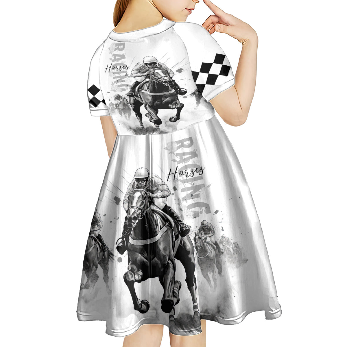 Kentucky Horses Racing Kid Short Sleeve Dress Jockey Drawing Style - Wonder Print Shop