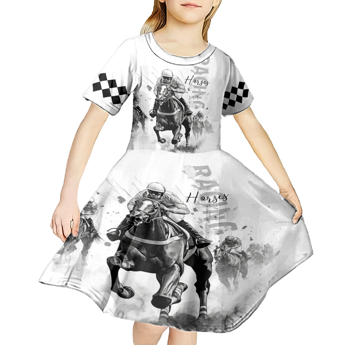 Kentucky Horses Racing Kid Short Sleeve Dress Jockey Drawing Style - Wonder Print Shop