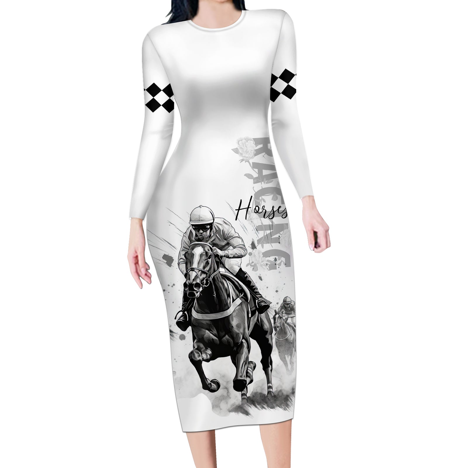 Kentucky Horses Racing Long Sleeve Bodycon Dress Jockey Drawing Style - Wonder Print Shop