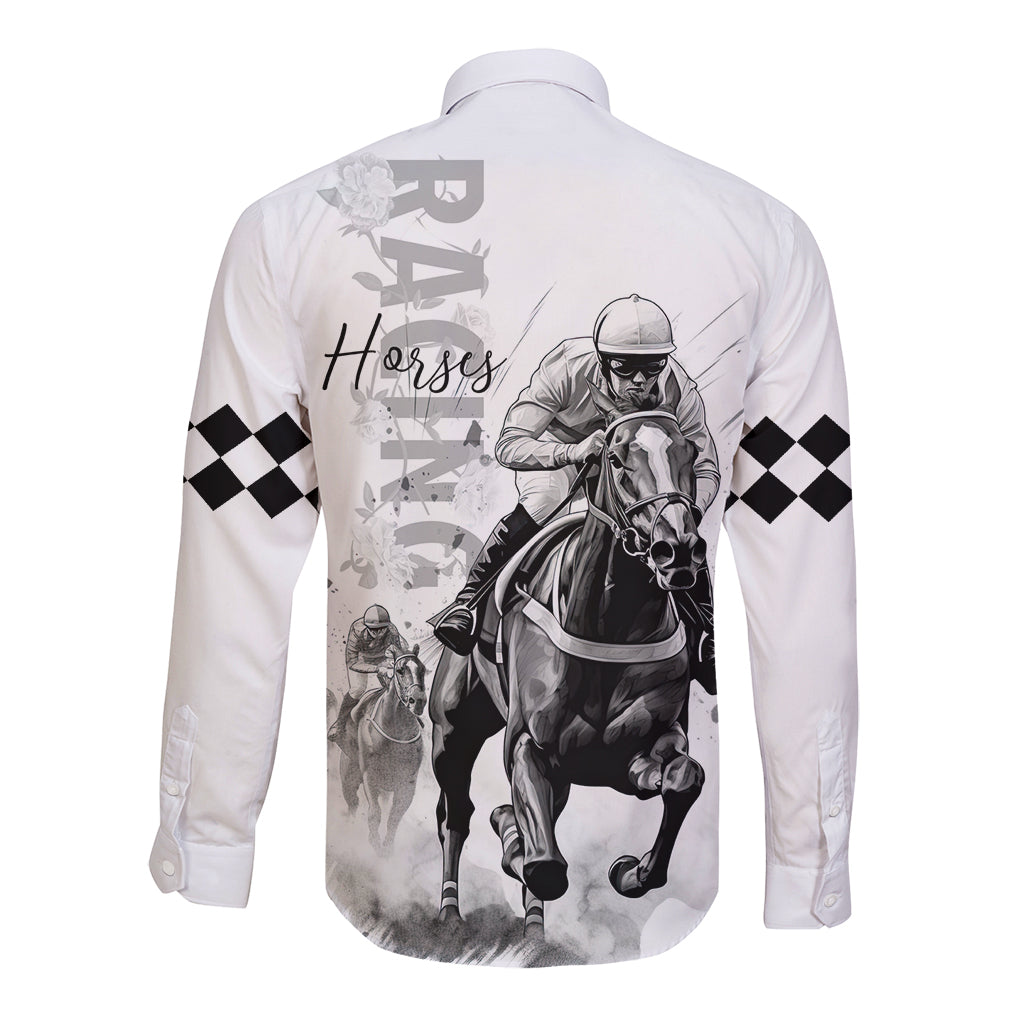 Kentucky Horses Racing Long Sleeve Button Shirt Jockey Drawing Style - Wonder Print Shop