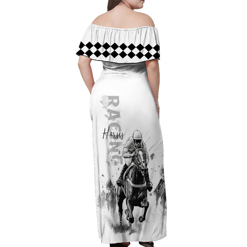 Kentucky Horses Racing Off Shoulder Maxi Dress Jockey Drawing Style - Wonder Print Shop