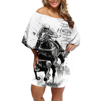 Kentucky Horses Racing Off Shoulder Short Dress Jockey Drawing Style - Wonder Print Shop